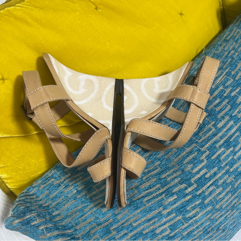 Manolo Blahnik High Heel Wedges Strappy Sandal Tan White Swirl Yald Bulgaro sz 8 - Picture 4 of 12